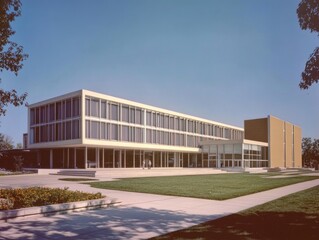 Fototapeta premium Modern Office Building Exterior with Glass Facade and Green Lawn on a Clear Day