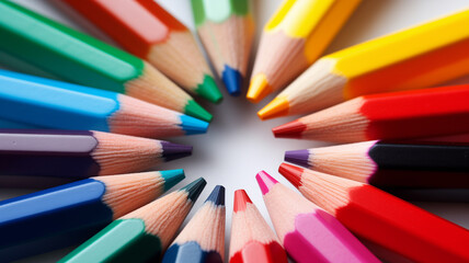Fototapeta premium Colorful pencils, sharpened to a point, arranged in a circular pattern on a white background