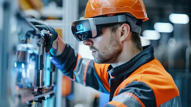 Automated machinery maintenance by worker using augmented reality glasses for precision. Smart factory automation