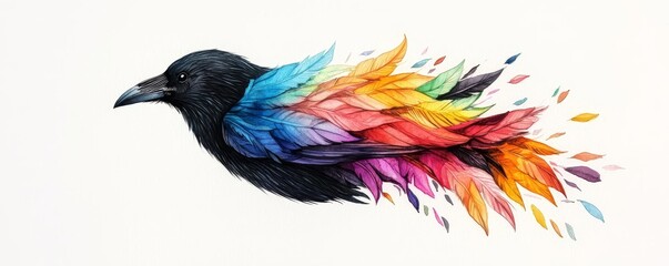 Obraz premium A vibrant crow illustration with colorful feathers radiating in various hues, showcasing creativity and artistic expression.