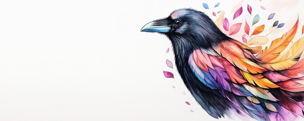 Obraz premium A vibrant illustration of a crow adorned with colorful leaves, symbolizing creativity and nature's beauty.