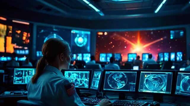A female astronaut works in a mission control center with a view of a starfield projected on a large screen.