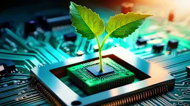 A small green plant growing out of a computer chip, symbolizing the merging of nature and technology.
