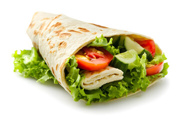 Tortilla wrap with fried chicken meat and vegetables. Shawarma fast food isolated on white background