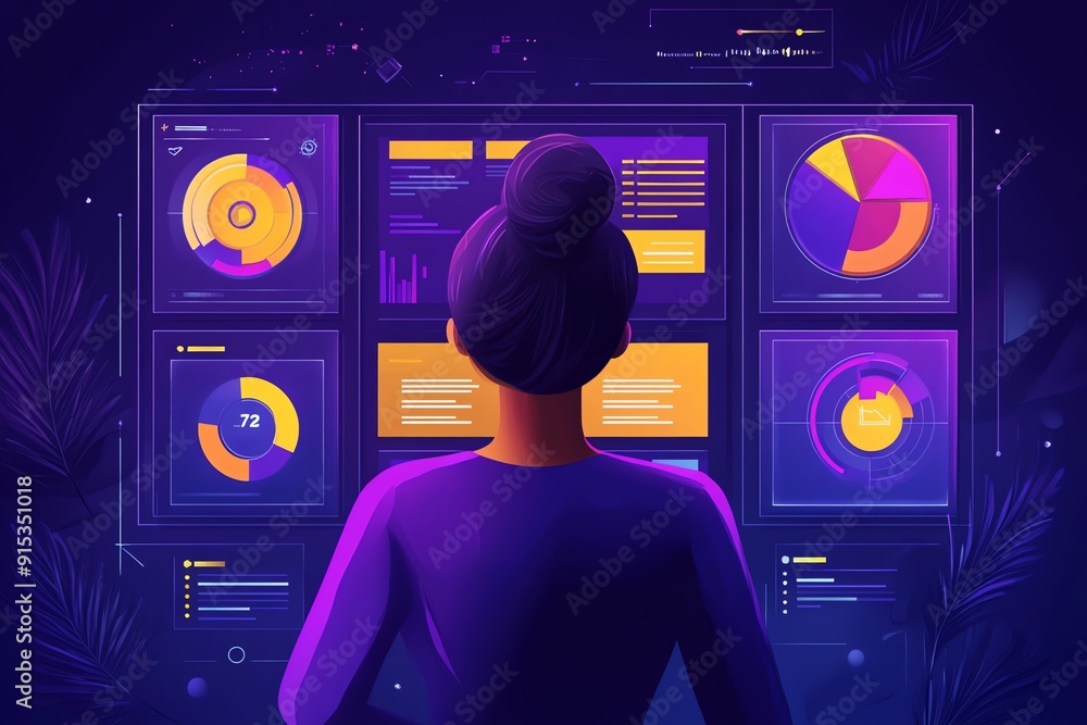 Poster Woman working on a computer with charts and graphs.