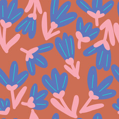Blue naive tulips on brown background, vector illustration 