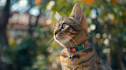 Fototapeta premium Cute cats posting with Christmas tree bokeh in background. World Cat Day.