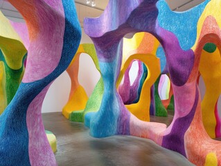 Colorful Abstract Art Installation in Modern Gallery Featuring Vibrant Sculptures and Organic Forms