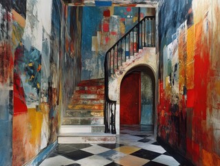Fototapeta premium Colorful Abstract Painted Staircase Interior with Geometric Wall Art and Patterned Flooring