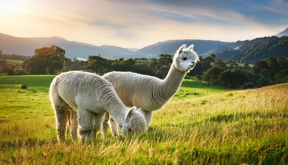 Fototapeta premium Two alpacas grazing side by side in a grassy field.