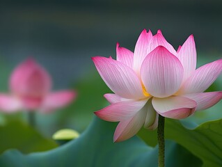 Delicate Pink Lotus Flower in Bloom with Soft Focus Background