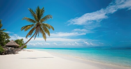 Tropical coast with white sand, turquoise sea, and palm trees. Great for a travel banner.