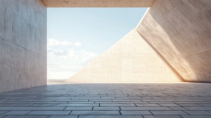 Concrete structure with a triangular opening revealing a blue sky.