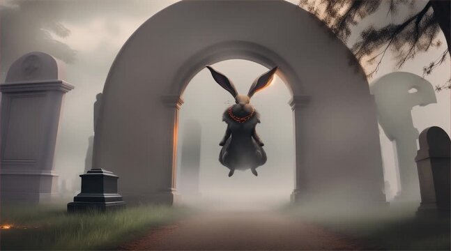 A mummy rabbit leaps out of a swirling, glowing portal in the middle of a foggy cemetery. Tombstones are scattered around, and the portal flickers with eerie energy as the rabbit emerges.