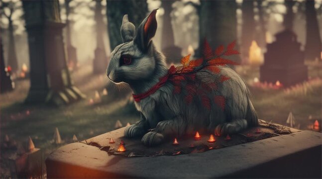 The camera focuses on a mummy rabbit sitting atop a tombstone in a haunted graveyard, with glowing red eyes peeking out from between the bandages. The sky is overcast with dark clouds, and lightning b