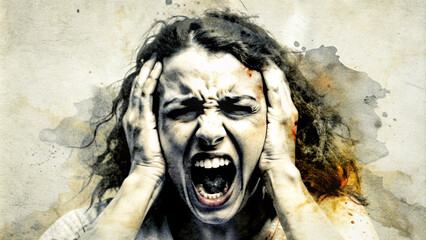 Woman screaming and holding head in chaotic watercolor art