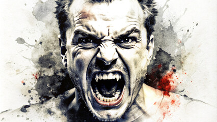 Naklejka premium Furious man screaming in intense watercolor painting