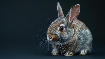 Fototapeta premium Adorable white and brown bunny with a fluffy coat sitting on black background