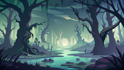 Obraz premium Eerie Swamp Illustration with Haunted Trees and Misty Water, Spooky Atmosphere