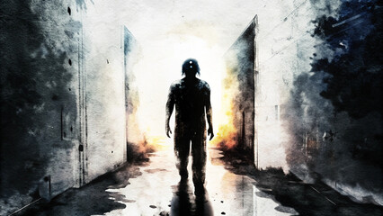 Shadowy figure standing in abandoned hallway with glowing light