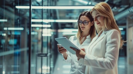 Two female IT specialists using tablet in data center. Women working together in server room. Concept of teamwork, technology, cybersecurity, and network engineering.