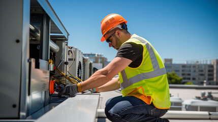 an engineer wearing a high-vis vest and a hard hat repairs commercial hvac equipment installed on the roof of a building