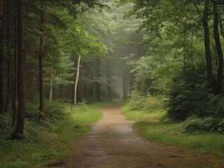 Fototapeta premium Serene Forest Pathway Surrounded by Lush Greenery in a Misty, Tranquil Woodland Area