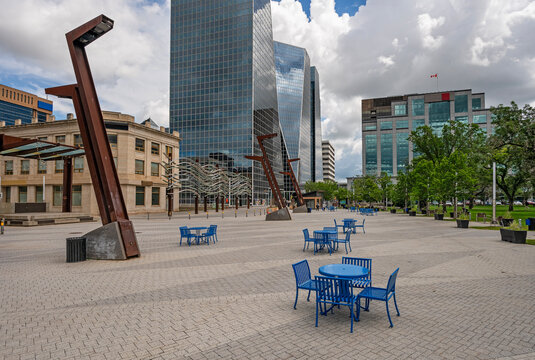 Tables and chairs on a plaza in downtown Regina, Saskatchewan, Canada