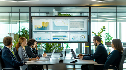 Imagine a dynamic and modern corporate meeting room, where a diverse team of professionals is actively engaged in a discussion about sustainable energy solutions