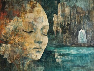 Ethereal Dreamscape Portrait: Surreal Female Face with Nature Elements and Mystical Cave Entrance