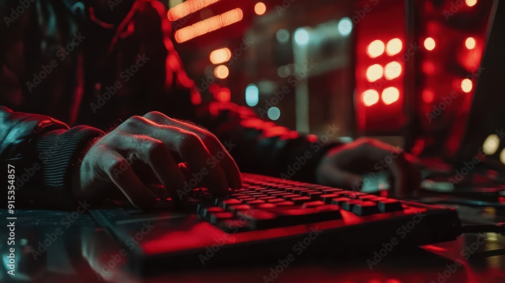 Poster hacker typing in the dark