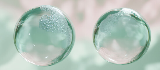 A close-up of two transparent glass spheres, one containing a light green liquid and the other containing a white fluid, against a soft pastel background