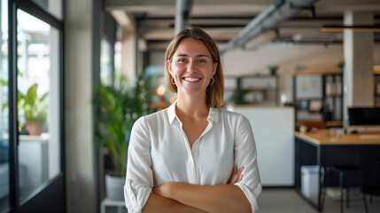 Portrait of a smiling female Australian startup founder in their 30s standing in a modern office interior