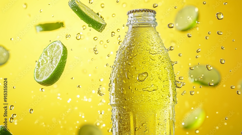 Aufkleber refreshing sparkling beverage with lime slices splashing against a vibrant yellow background