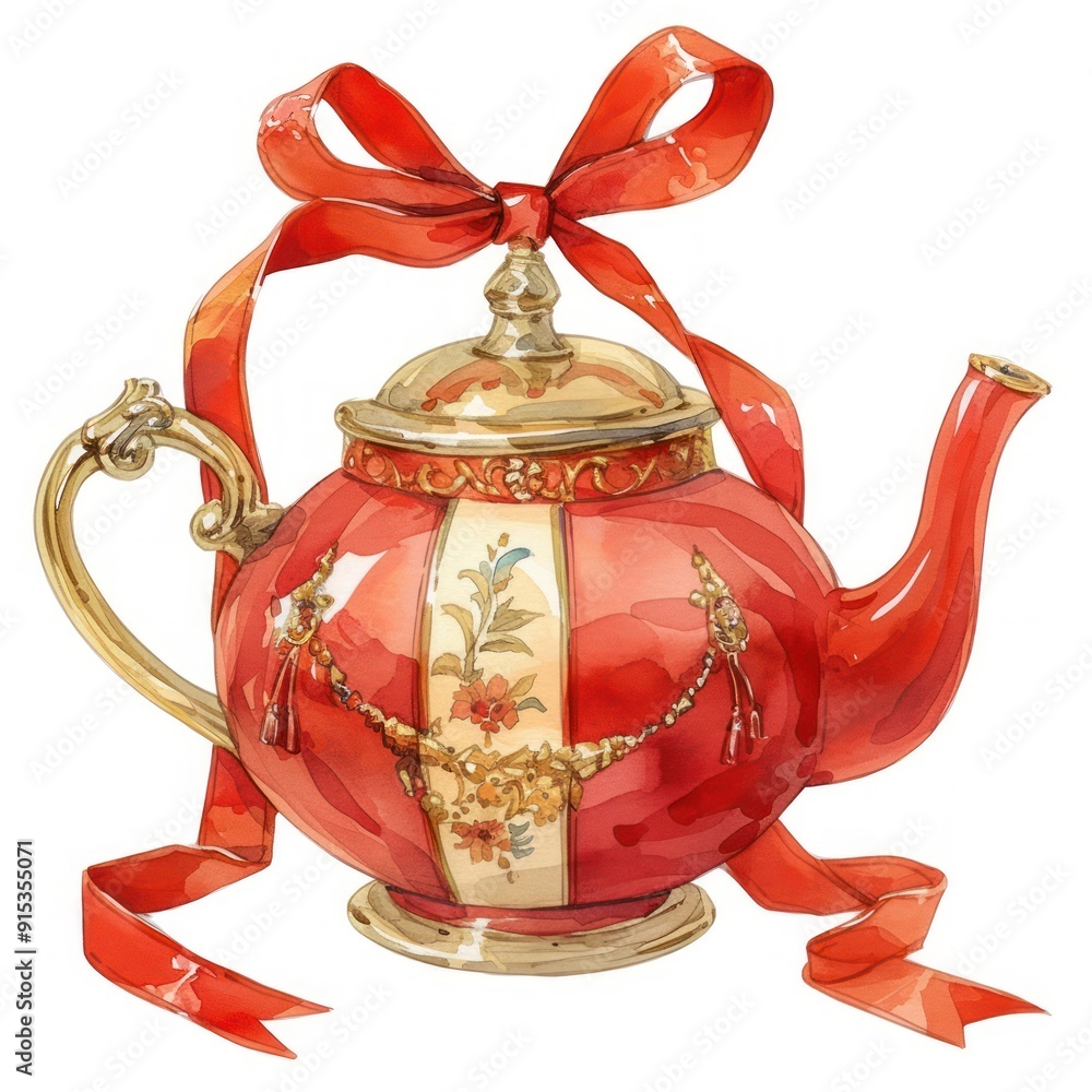 Canvas Prints elegant red teapot with ribbon