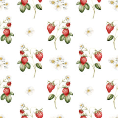 Strawberry, ripe berries with flowers and leaves. Watercolor illustration, floral seamless pattern on white background