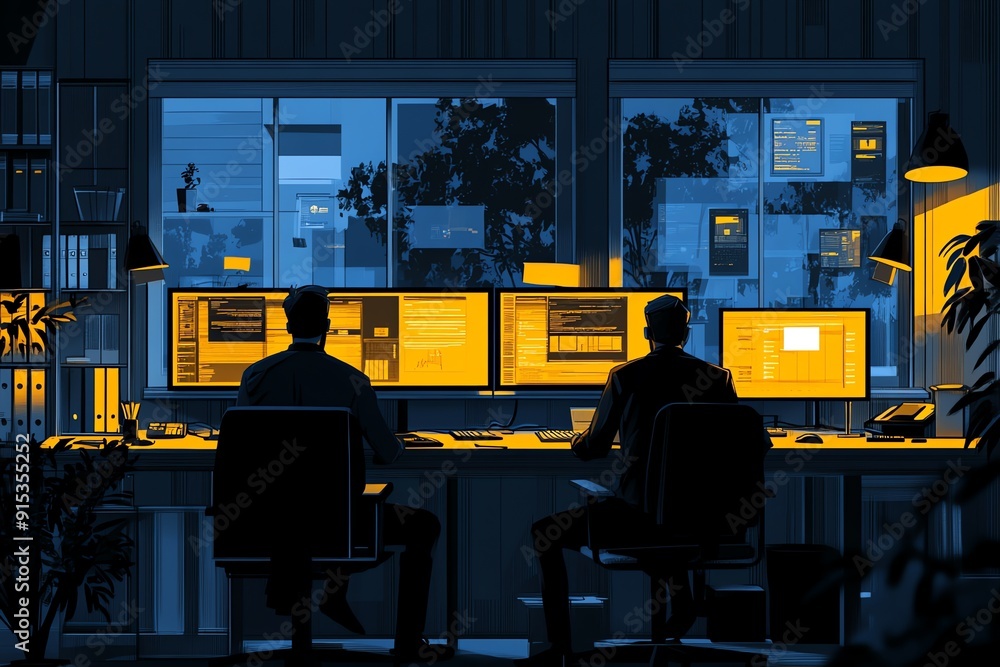 Poster two programmers working late at night in an office.