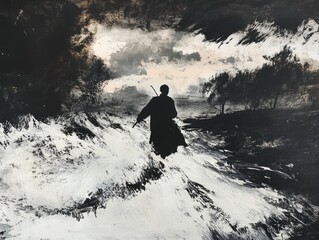 Solitary Samurai: Silhouette of a Lone Warrior Amidst Dramatic Monochromatic Landscape Painting