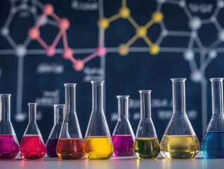 Assorted Chemical Solutions in Lab Glassware with Molecular Model Background for Scientific Research