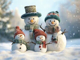 Fototapeta premium Joyful Family of Snowmen in Winter Wonderland with Cozy Hats and Scarves