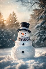 Naklejka premium Charming Snowman with Top Hat in Winter Wonderland during Snowfall