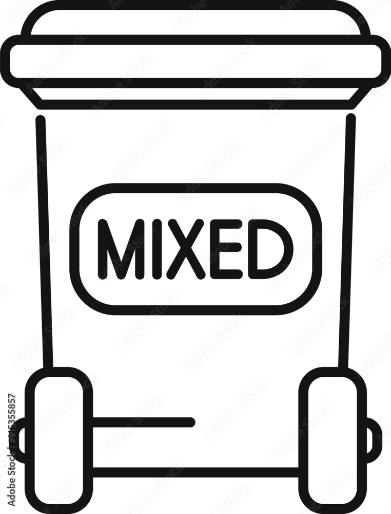 Aufkleber line drawing of a wheelie bin for mixed waste showing the importance of recycling and sorting trash