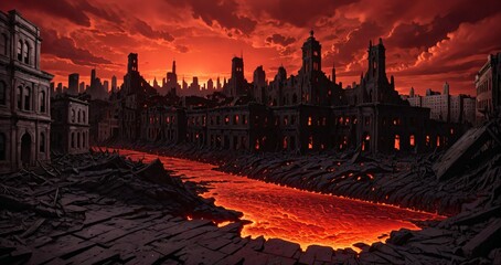 Naklejka premium volcanic lava magma river flowing through destroyed city street and abandoned town buildings and towers. hellmouth entrance to hell in apocalyptic landscape hellscape.