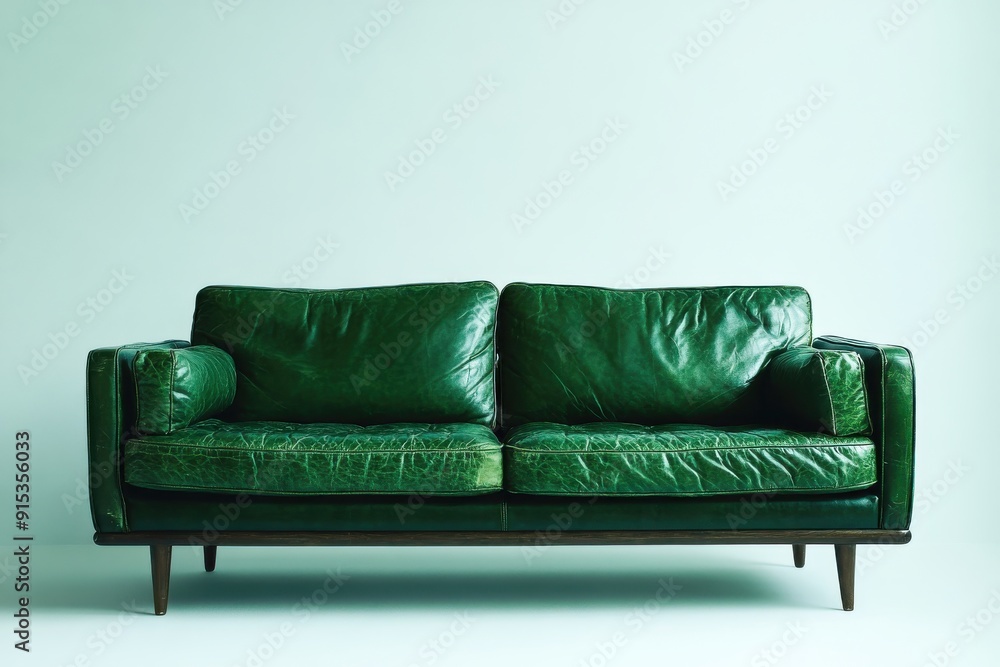 Wall mural a beautifully aged green leather sofa resides in a minimal room, showcasing its unique vintage charm