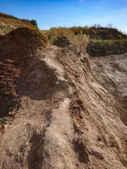 Sand in a quarry. White sand of a quarry, Clay, beautiful sand, sand mining in a quarry.Quarry against the background of a blue clear sky