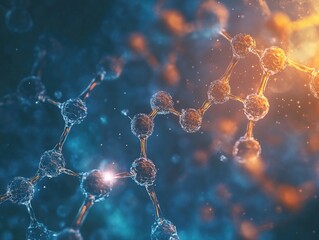 Abstract Molecular Structure with Glowing Connections in Blue and Orange Light - Concept of Science and Technology Innovation