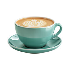 Isolated turquoise ceramic coffee cup with latte art