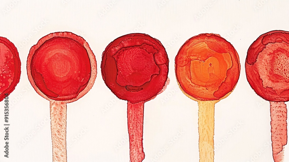 Poster an abstract image showing red circular shapes aligned in a row, characterized by a minimalist style,