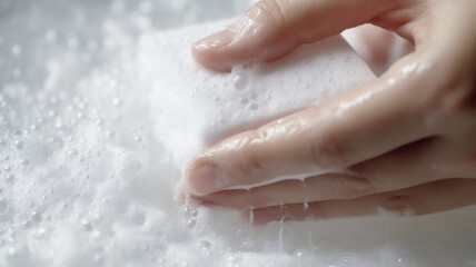 Fototapeta premium Close-up of hands of Woman washes hands with foamy soap under faucet in clean bathroom sink