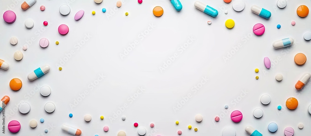 Poster medicine concept a frame of pills with copyspace for writing in the center on a white table